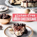 A slice of gluten free Oreo cheesecake on a plate drizzled with chocolate ganache. A bite is taken.