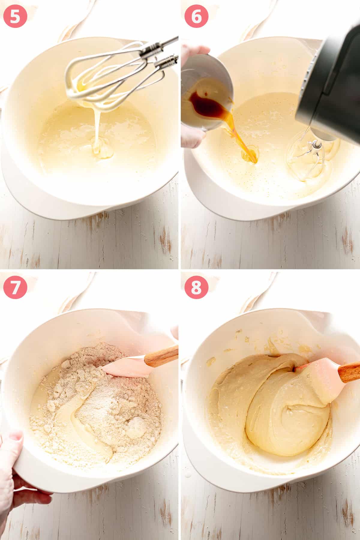 Image collage showing ribboning of mixture, adding vanilla and oil, folding in dry ingredients and then water.