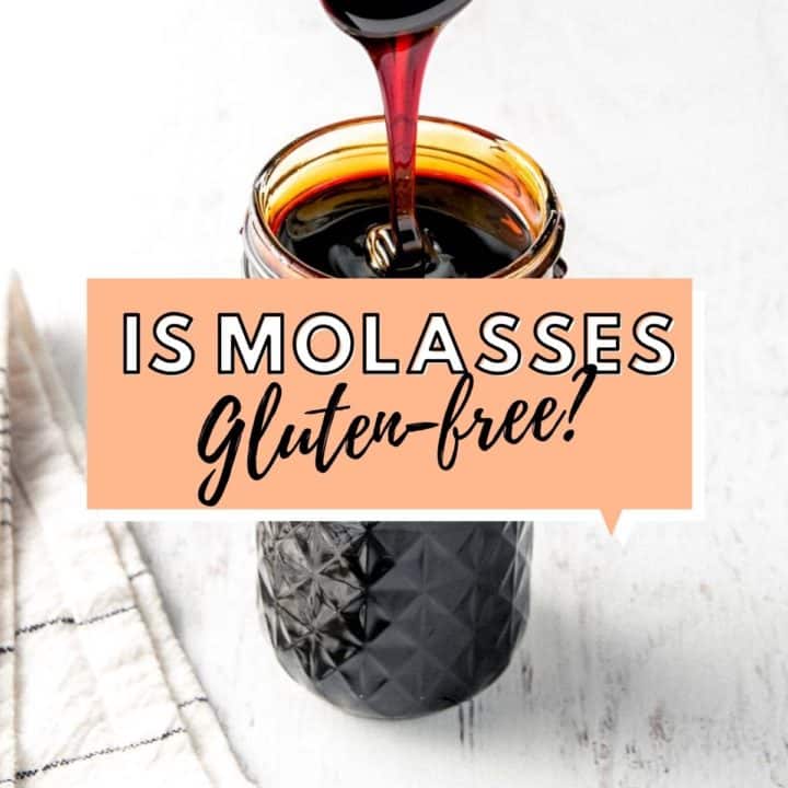 Molasses dripping from spoon into a quilted mason jar.