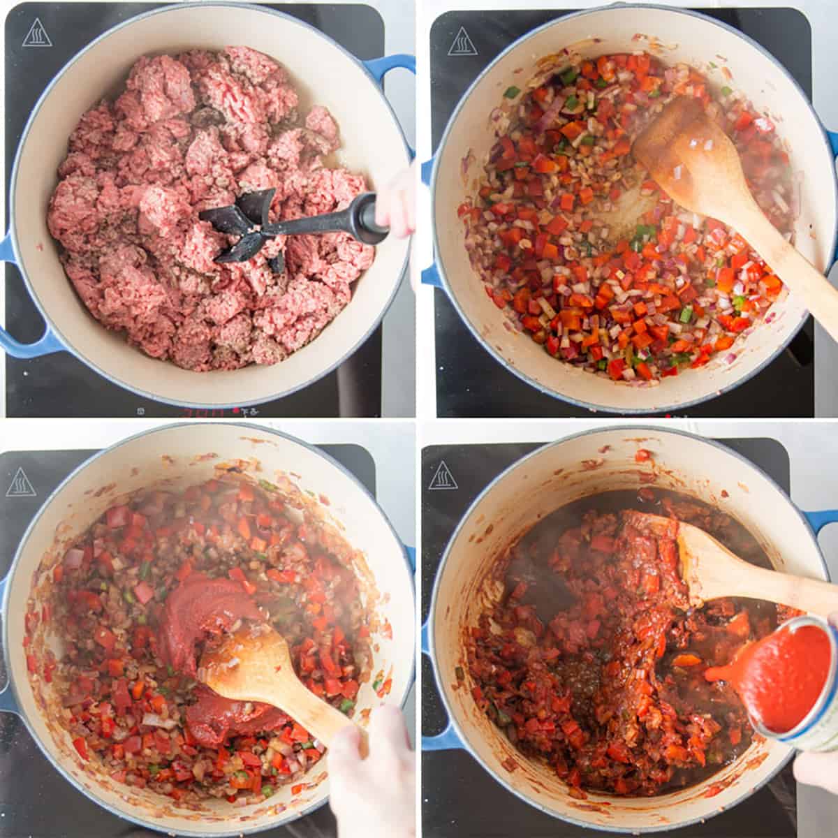 Browning beef, sautéing vegetables, adding tomato paste and sauce.