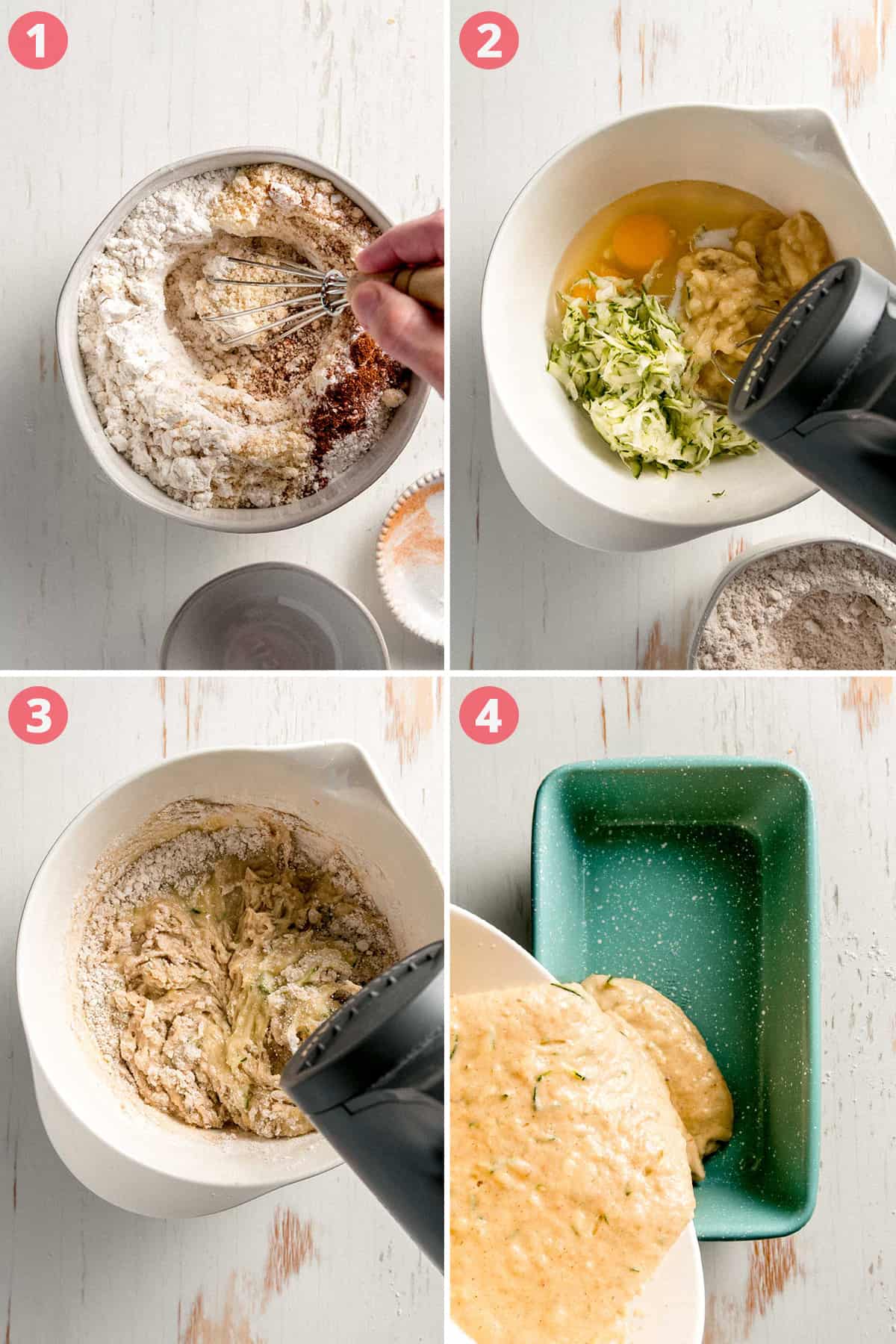 Image collage: mixing dry ingredients, blending wet ingredients, blending all together, pouring into a loaf pan.