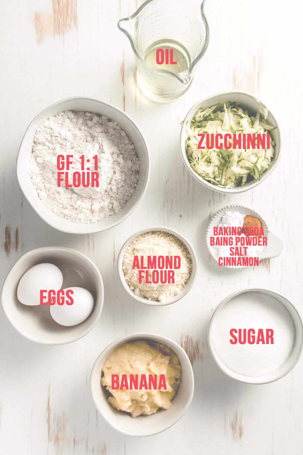 The recipe ingredients measured out in bowls.