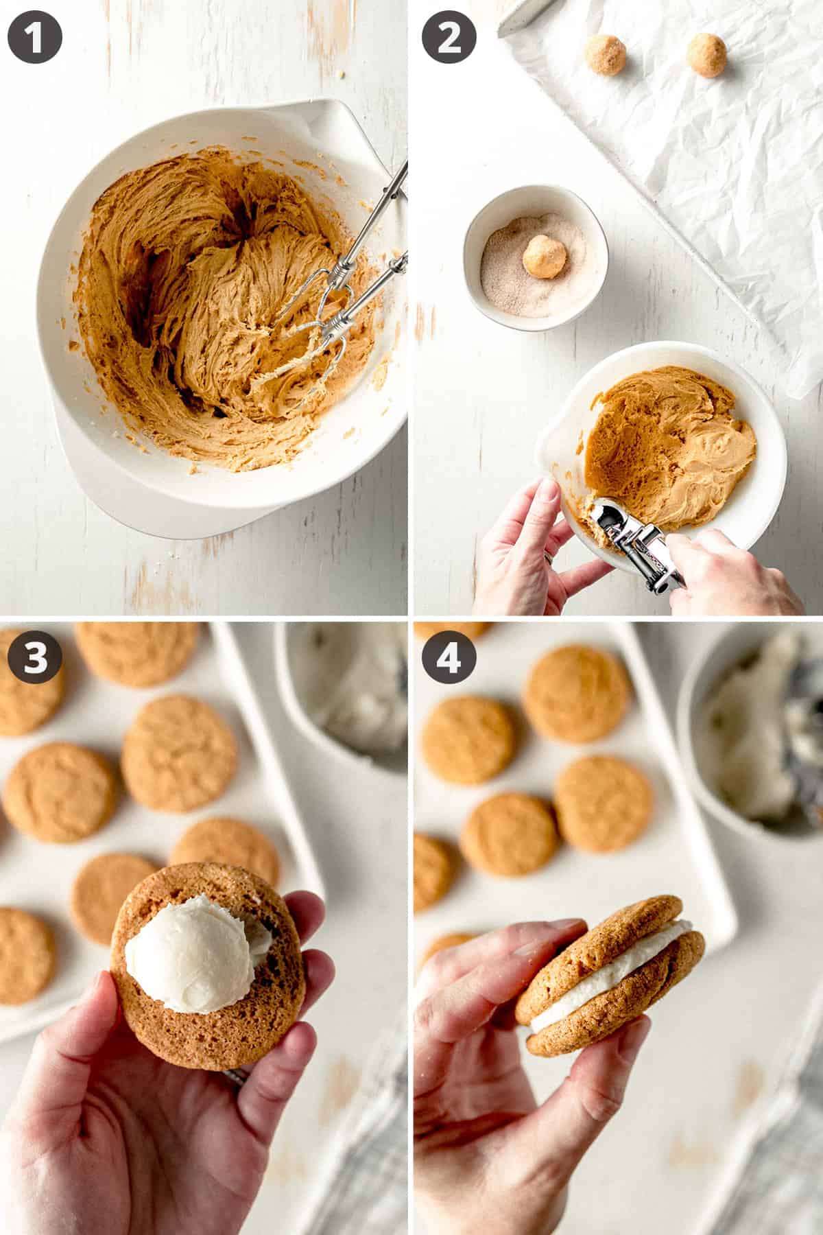 1. Cookie batter in a bowl. 2. Rolling out cookies 3. A dollop of frosting on a cookie 4. Pressing two cookies together to spread out the frosting in between.