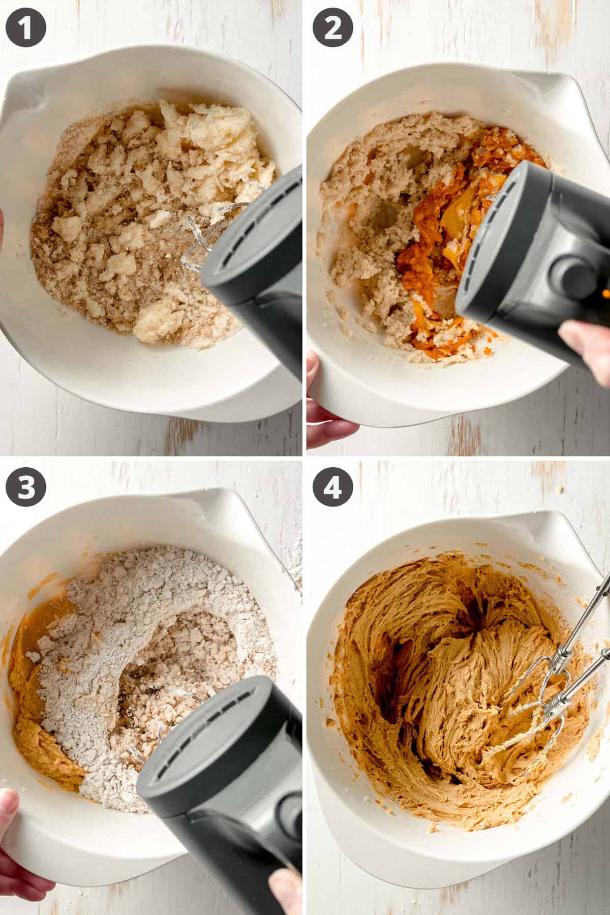 Mixing the cookie dough in an off-white bowl with an electric mixer.