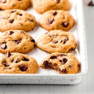 Gluten-free pumpkin chocolate chip cookies lined up on a white cookie sheet.