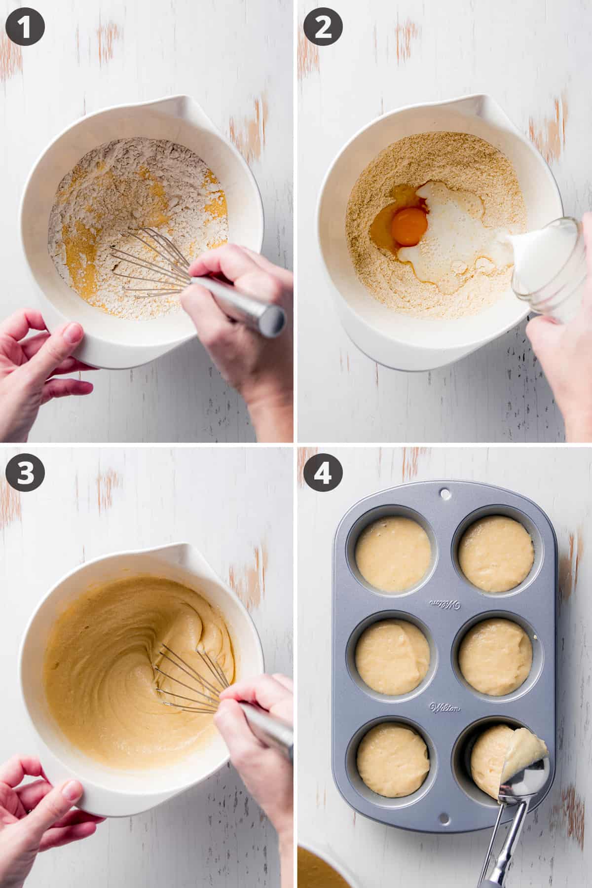 Whisking dry ingredients, adding in wet ingredients, stirring, scooping batter into muffin pan. 