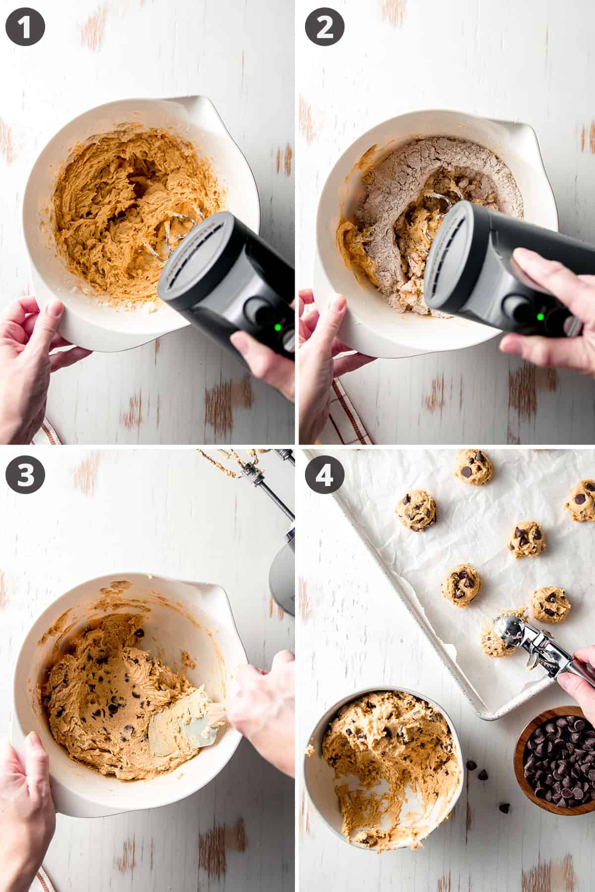 Steps to make these cookies in a collate, mixing the batter and scooping balls of dough onto parchment paper lined cookie sheet.