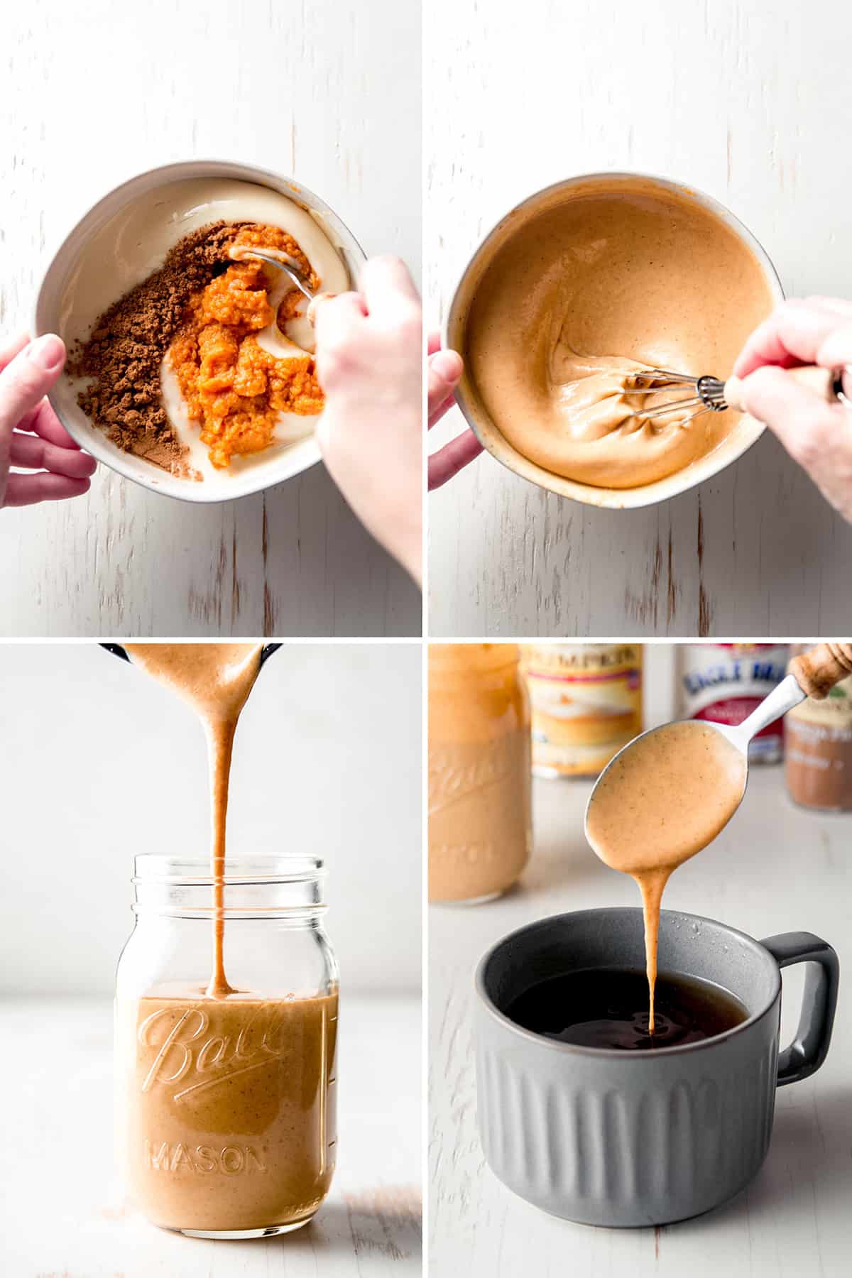 Stirring the ingredients for the sauce together, pouring into a mason jar, drizzling sauce into coffee.