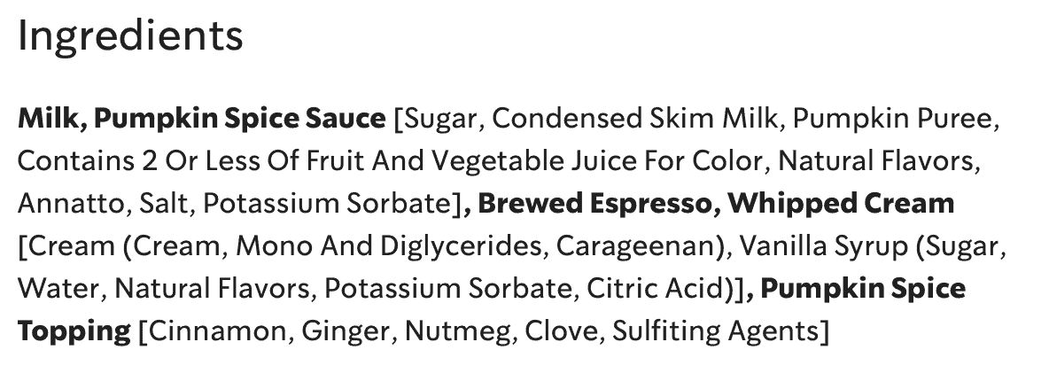 Screenshot of the pumpkin spice latte ingredients from Starbucks website.