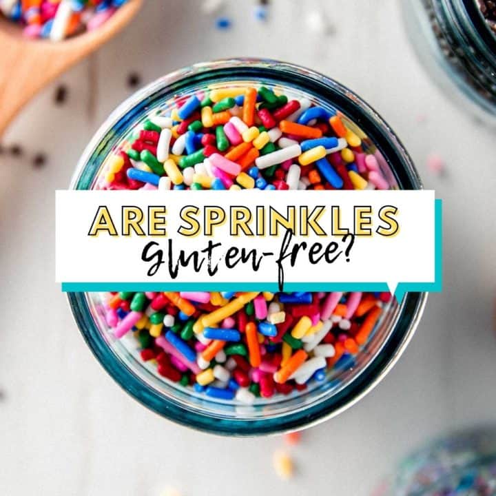 Overhead view of jar filled with rainbow sprinkles.
