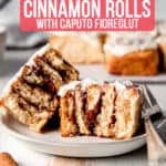 Text overlay: Soft & Fluffy! Gluten-free Cinnamon Rolls with Caputo Fioreglut. Cross section of a gluten free cinnamon roll on a plate with the rest of the rolls in the background.