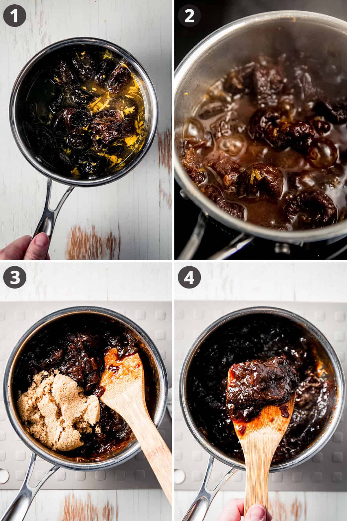 Image Collage: Prunes, orange juice, and water in saucepan, the mixture is boiling, brown sugar on top of cooked mixture, mashed mixture on wooden spoon.