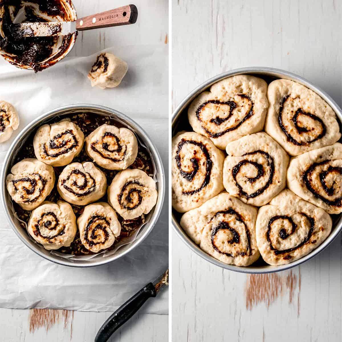 Image collage: unrisen rolls in pan next to risen rolls.