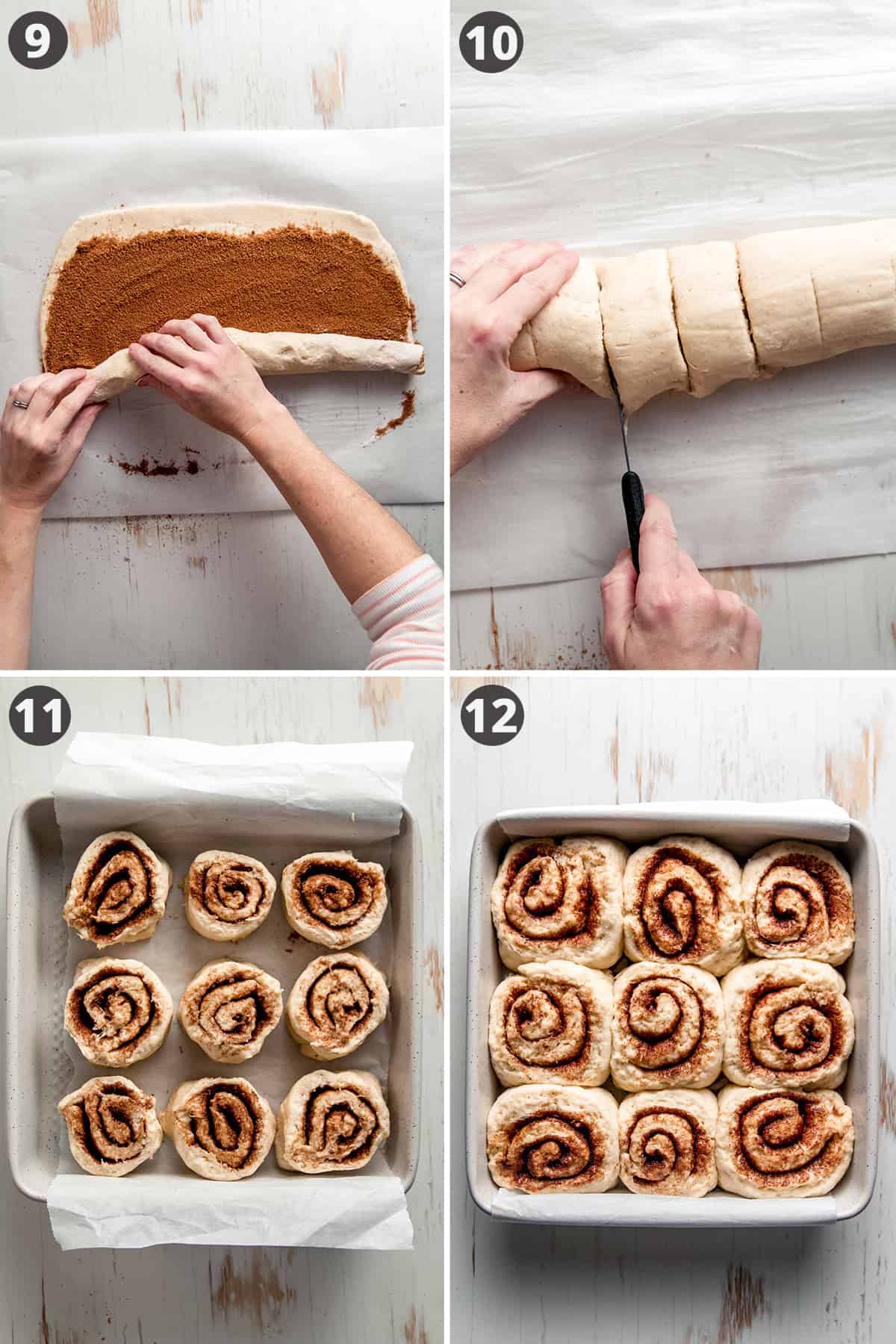 Image collage: Rolling up the dough into a log, cutting the dough into one and a half inch slices, lining the rolls in a square pan, the rolls puffed and risen with sides touching.