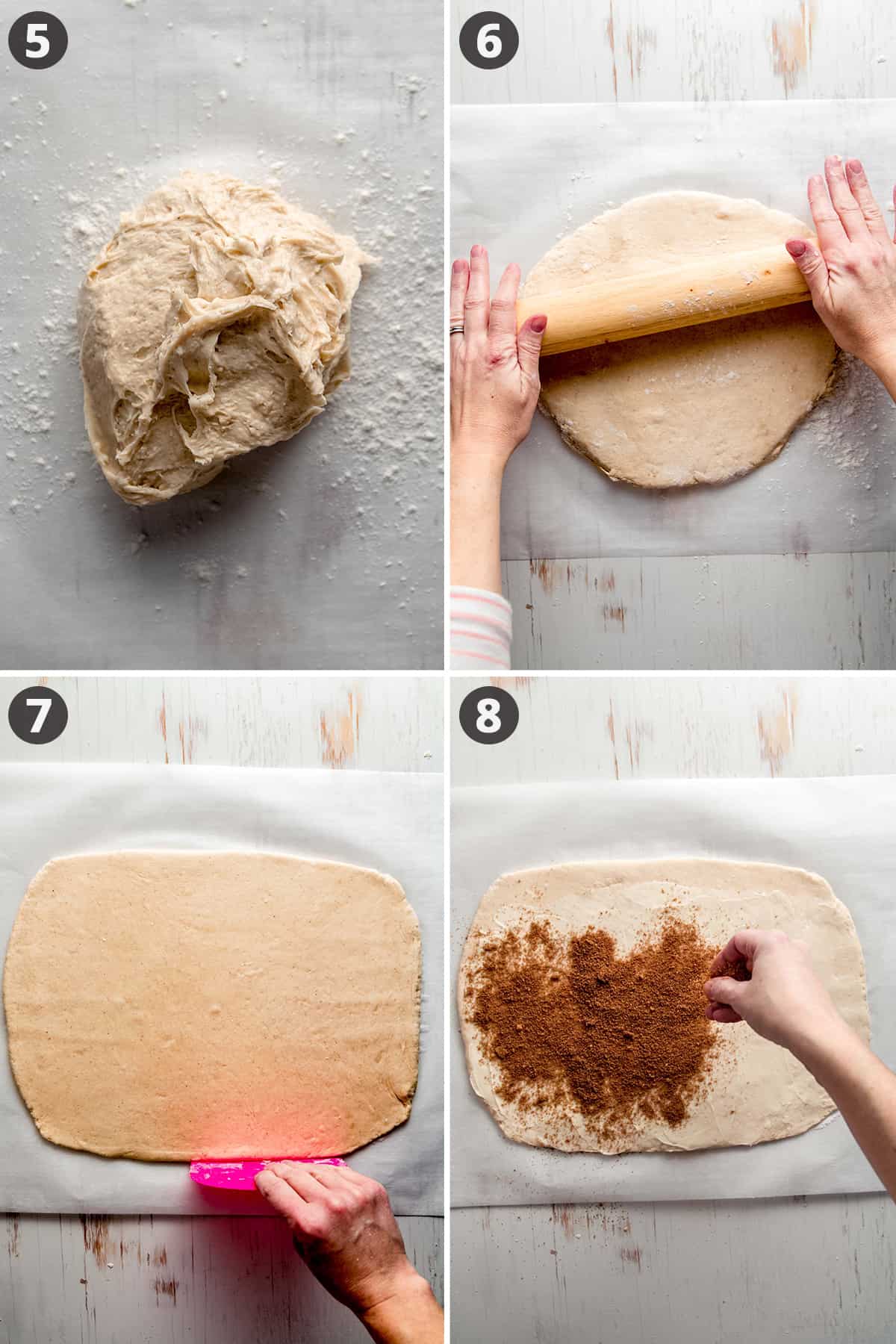Image collage: the blob of dough is on floured parchment paper, a rolling pin rolling out ht dough, using a bench scraper to square up the sides of the dough, sprinkling the cinnamon sugar over the buttered dough.