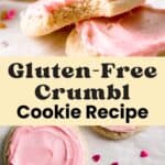 Close-up of soft, frosted gluten-free Crumbl sugar cookies with pink buttercream, one with a bite taken out, showing the chewy texture.