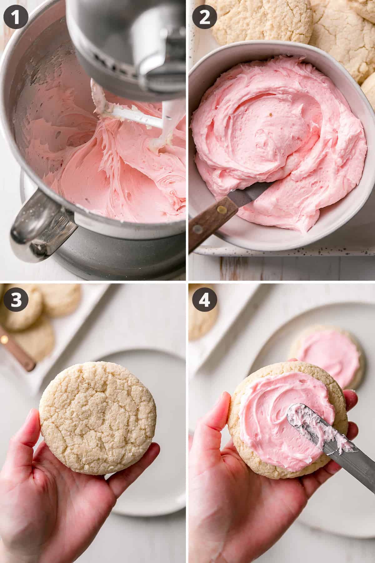 Pink frosting in stand mixer, frosting swirled in bowl, plain cookie in hand, spreading frosting on cookie in hand.