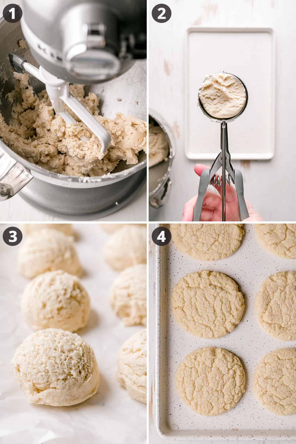 Mixing dough, dough in large cookie scoop, scoops on parchment, baked cookies on tray.