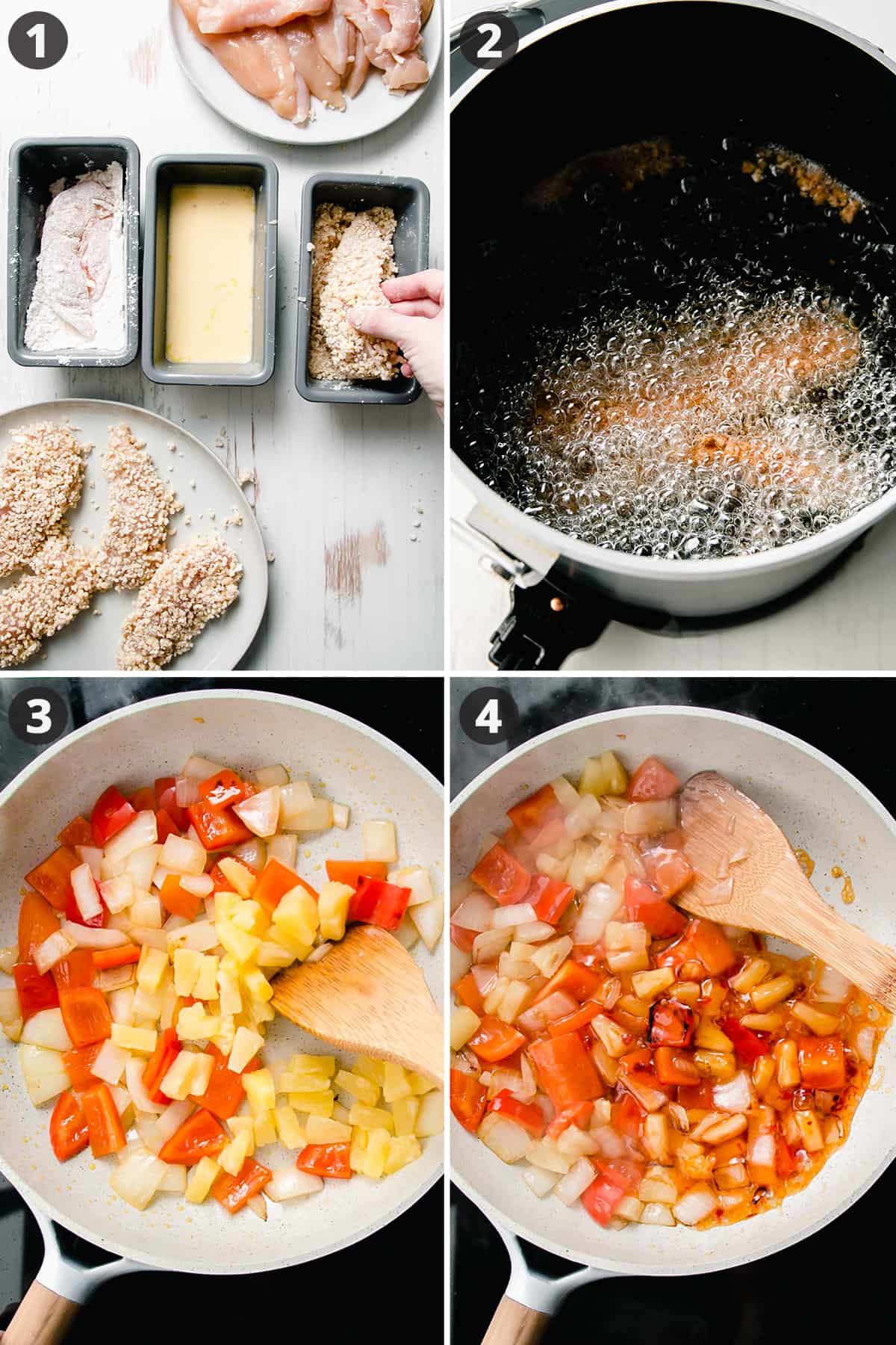 Collage: dipping chicken tender in breadcrumbs, chicken tender frying in oil, bell pepper, onion, and pineapple sautéing in pan, sauce added to pan is simmering.