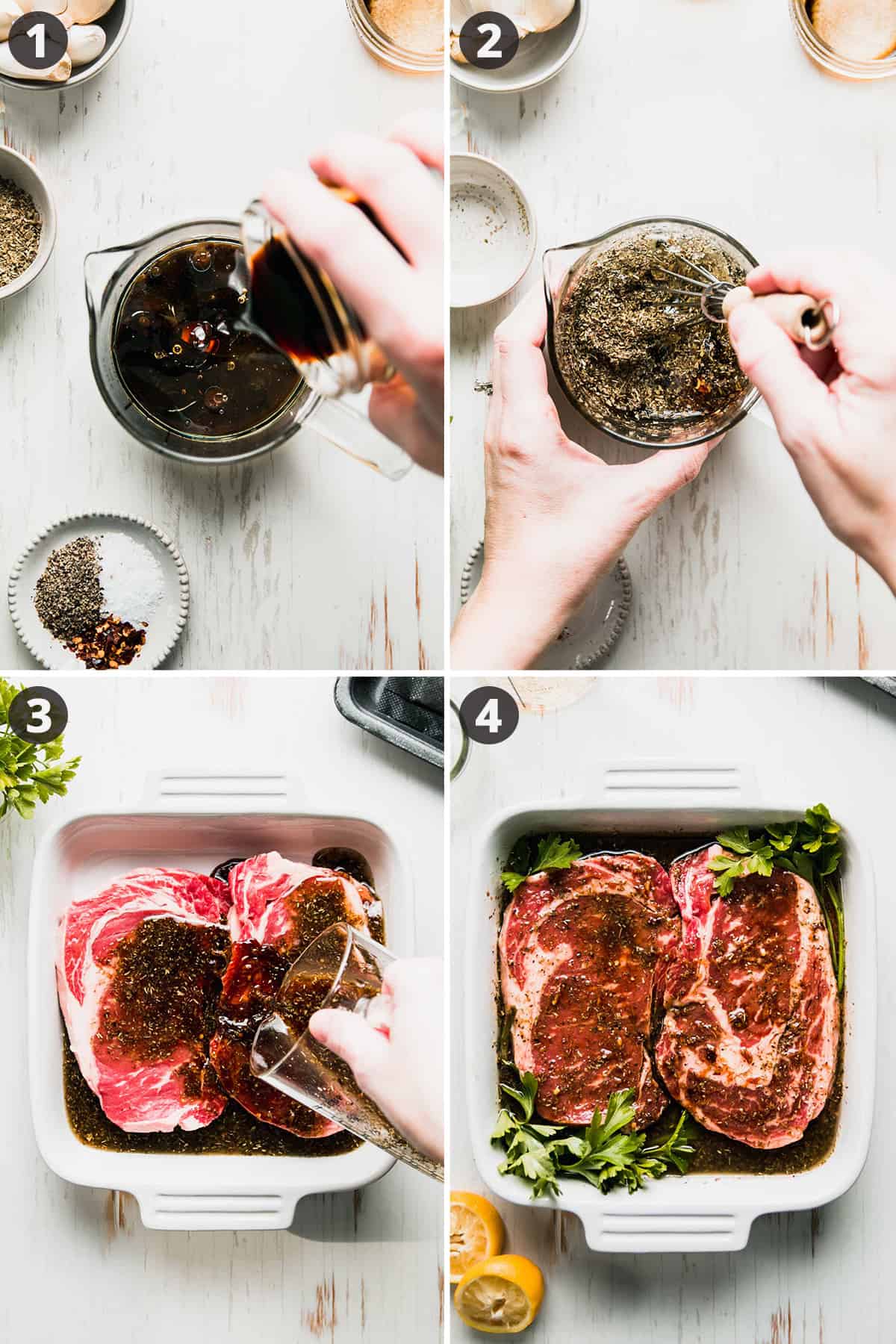 Image collage: pouring tamari sauce into measuring cup, whisking the mixture, pouring marinade over steaks in white dish, steaks with marinade on top with fresh parsley.