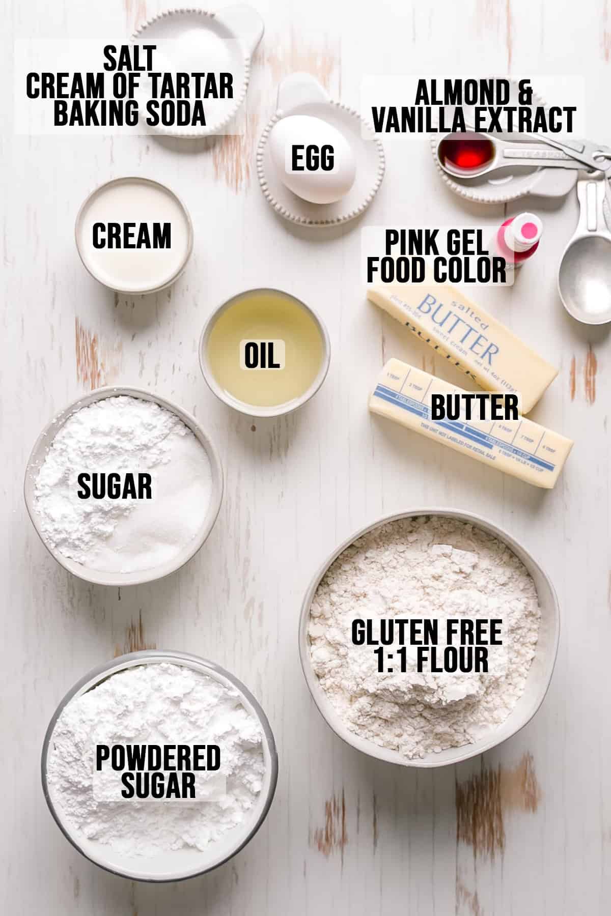 Crumbl sugar cookie ingredients measured out in bowls.