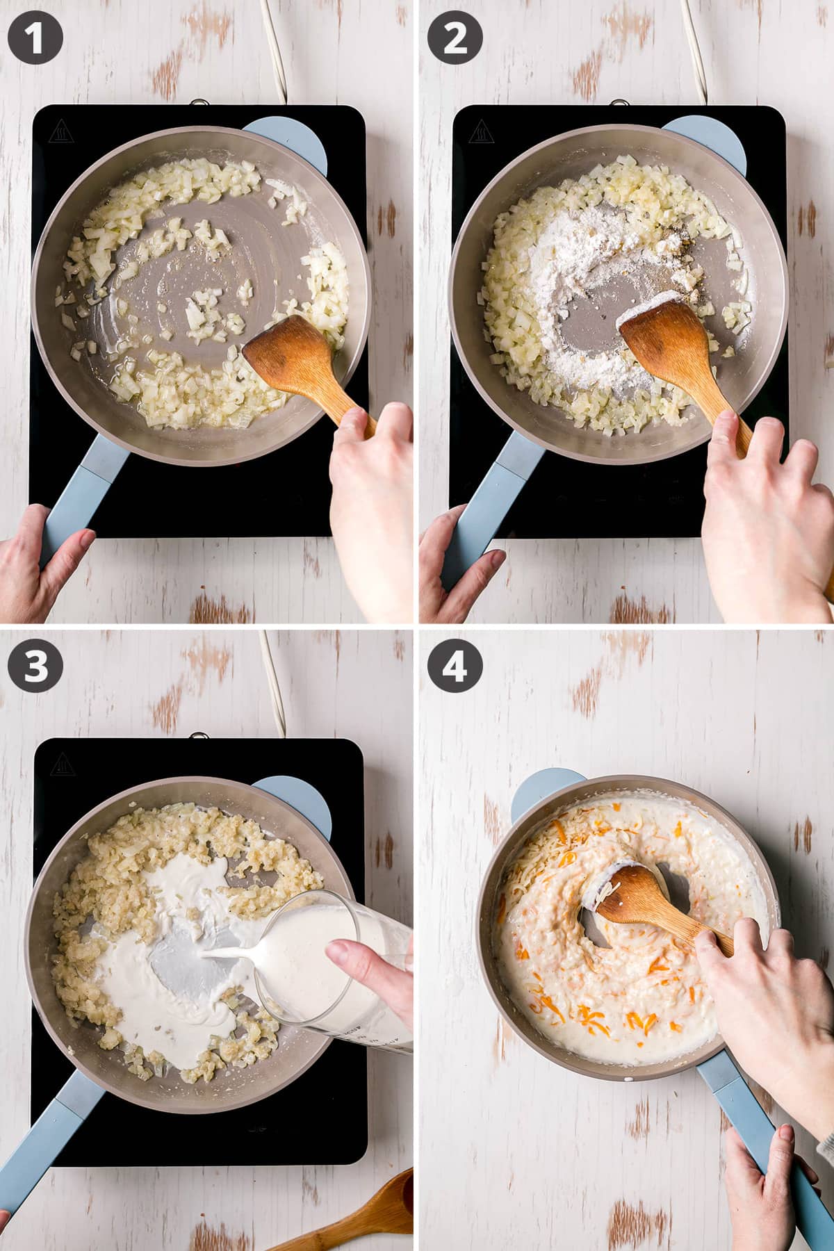 Image collage showing the steps to make the cheesy cream sauce in a light blue pan.