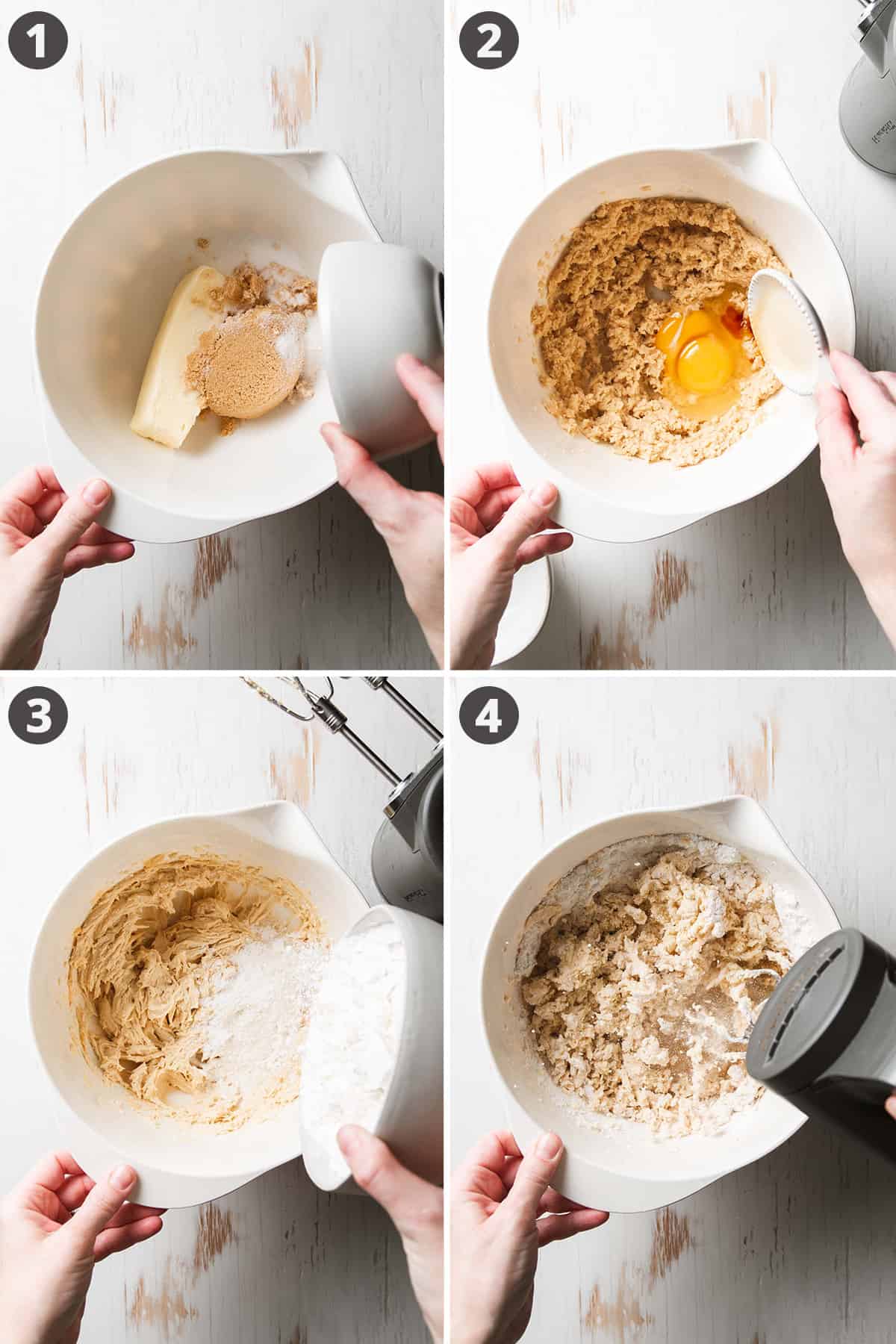 Collage: Butter and sugars in a bowl, eggs and vanilla added to creamed mixture, flour poured into wet ingredients, blending with hand mixer. 