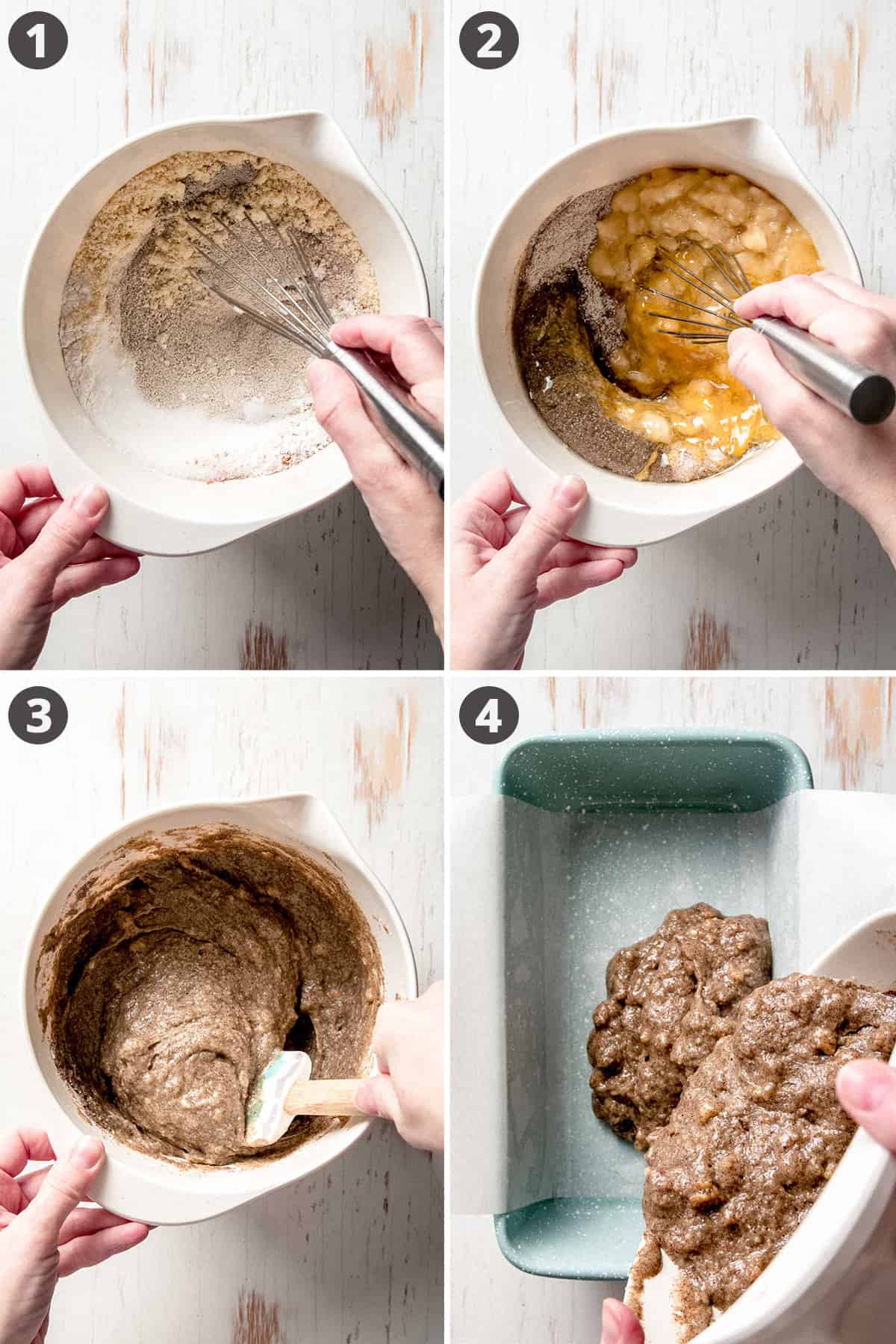 Whisking dry ingredients, stirring in wet ingredients, the stirred batter is brown, poured into loaf pan. 