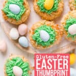 Wooden plate with easter thumbprints topped with Cadbury mini eggs.