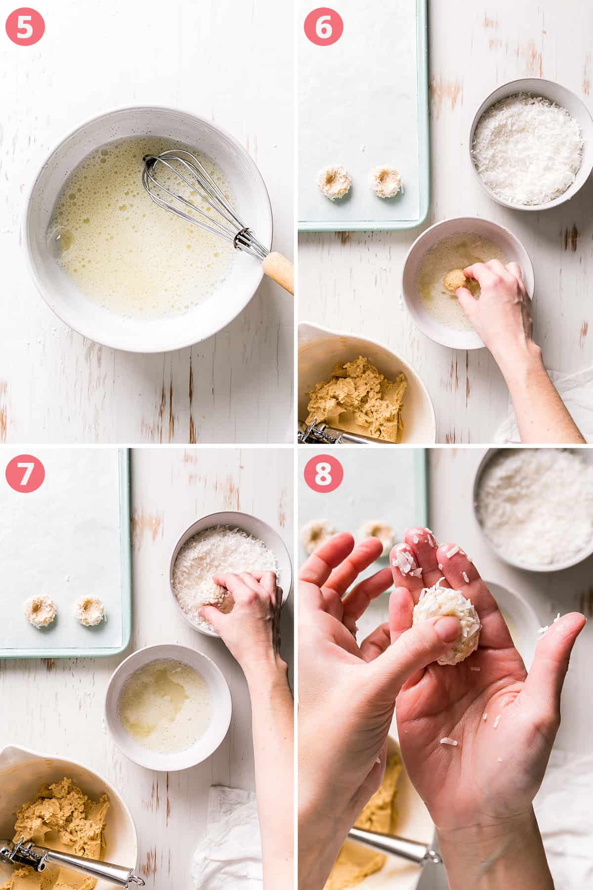 Rolling the dough into balls and coconut, pressing thumbprint in center.