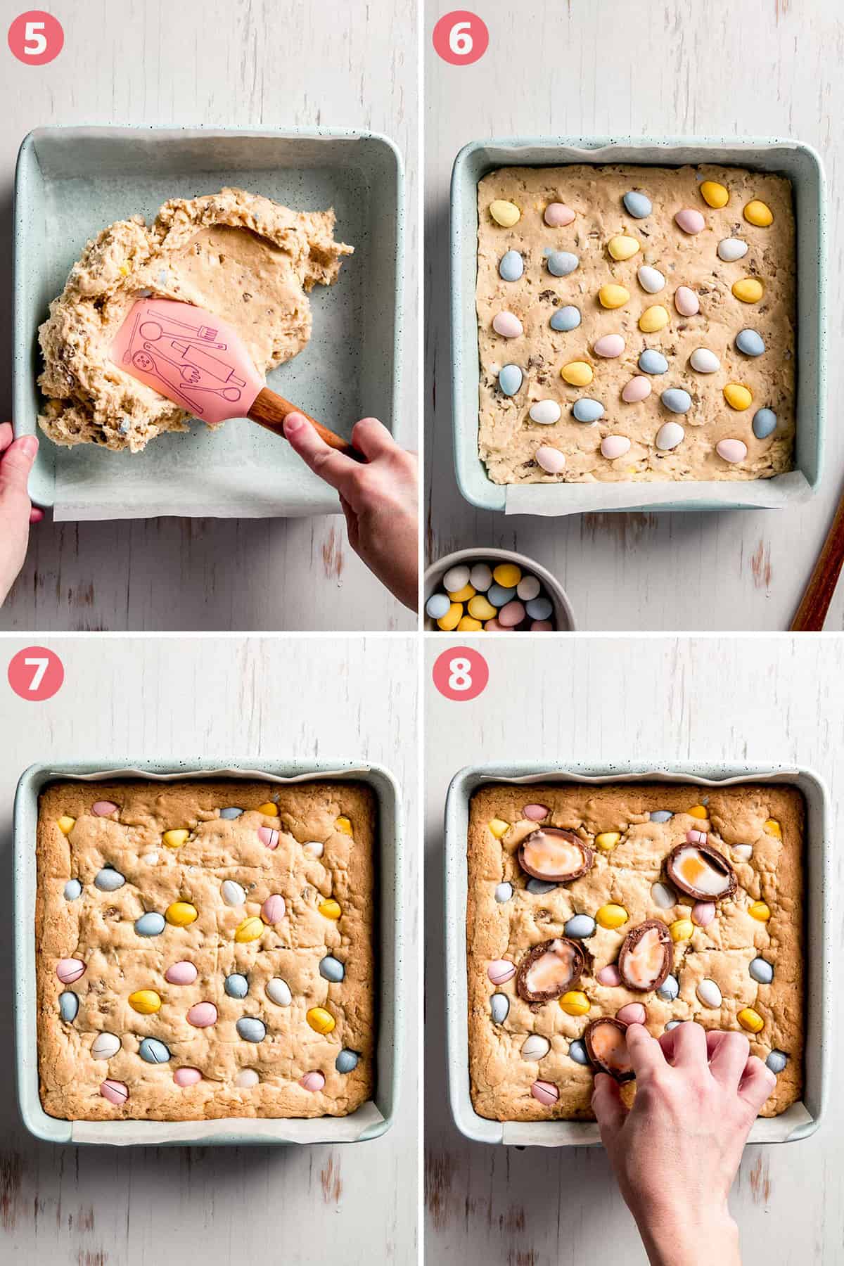 Spreading the cookie dough into a square pan and topping with Cadbury eggs.