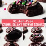 Gluten free crumbs galaxy brownie cookies with chocolate ganache spooned on top.