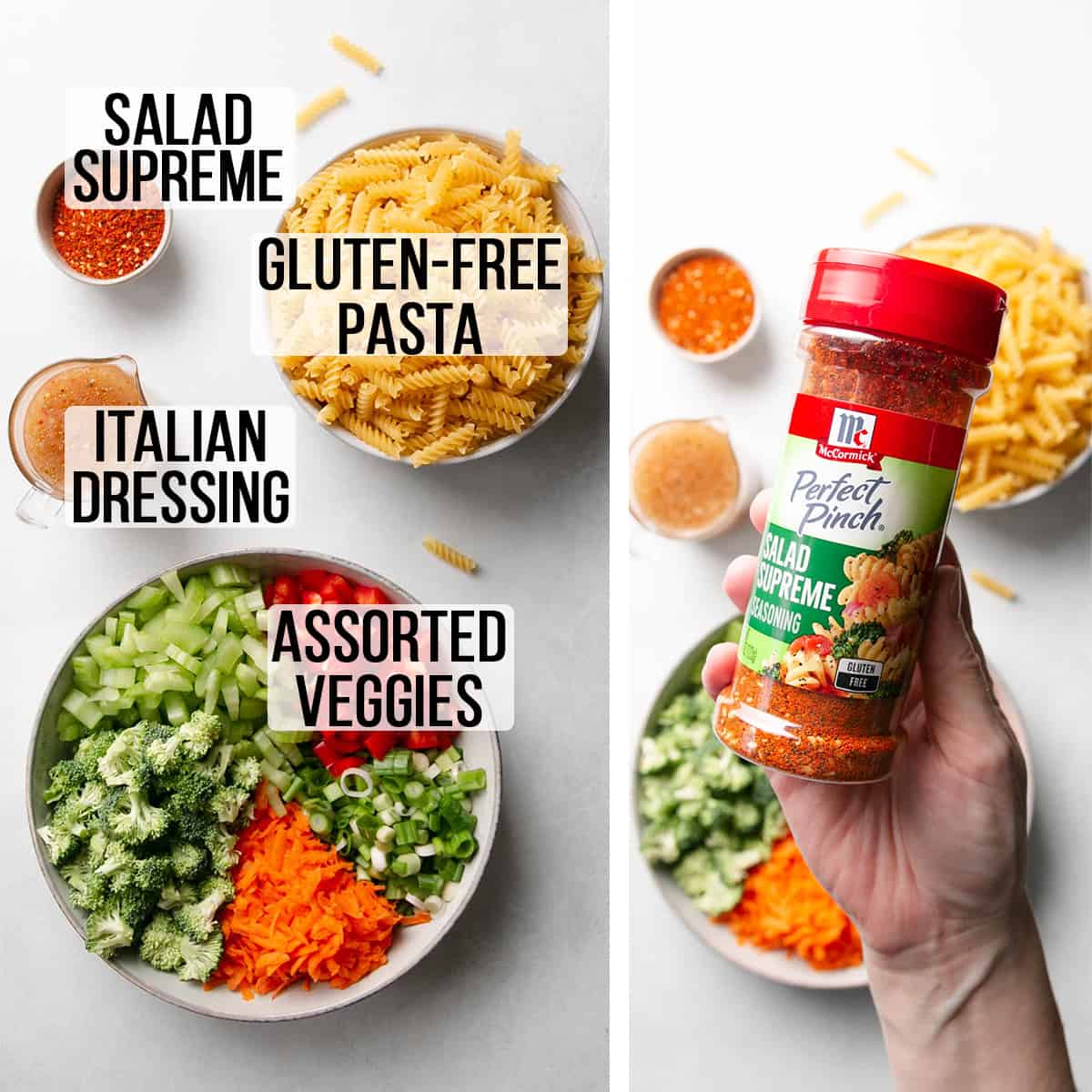 Ingredients for pasta salad measured out in bowls, hand holding bottle of salad supreme seasoning.