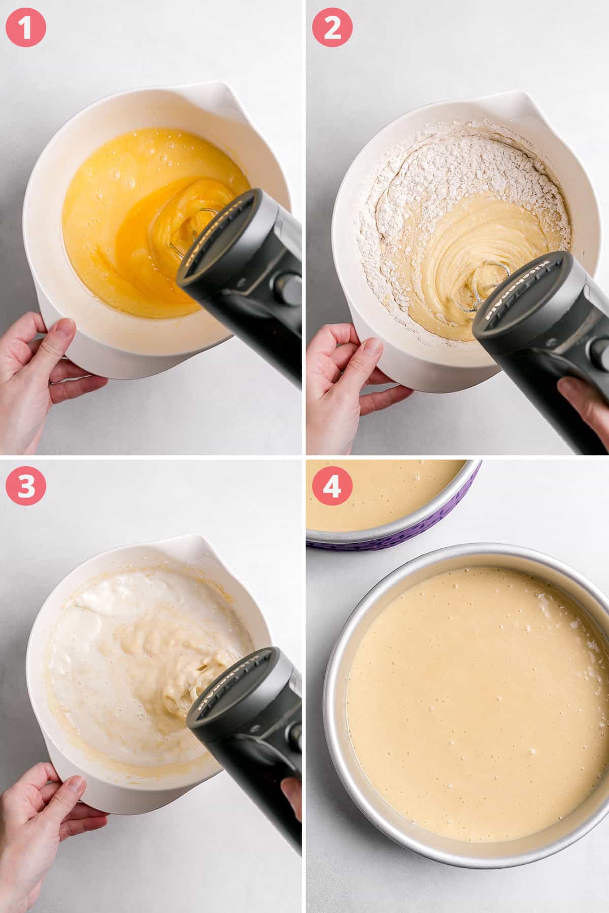 Image collage showing four stages of mixing cake batter: wet ingredients blending in bowl, adding dry ingredients, blending in milk, and the final batter in a round cake pan. 