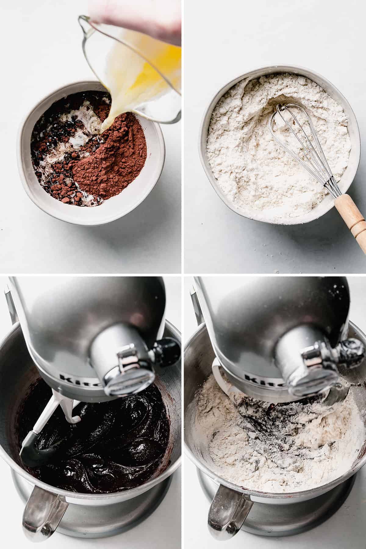 Image collage showing cocoa powder and melted butter in bowl, flour in bowl with whisk, dark chocolate batter ribboned in stand mixer bowl, flour mixture on top of chocolate mixture in stand mixer bowl.