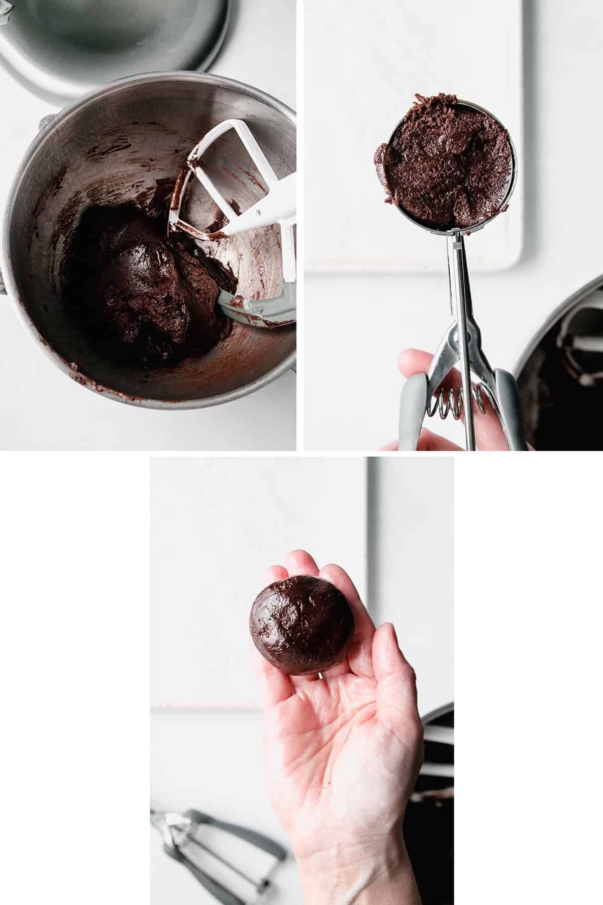 Image collage: chocolate dough in bowl, in cookie scoop, and formed into a ball resting on a hand.