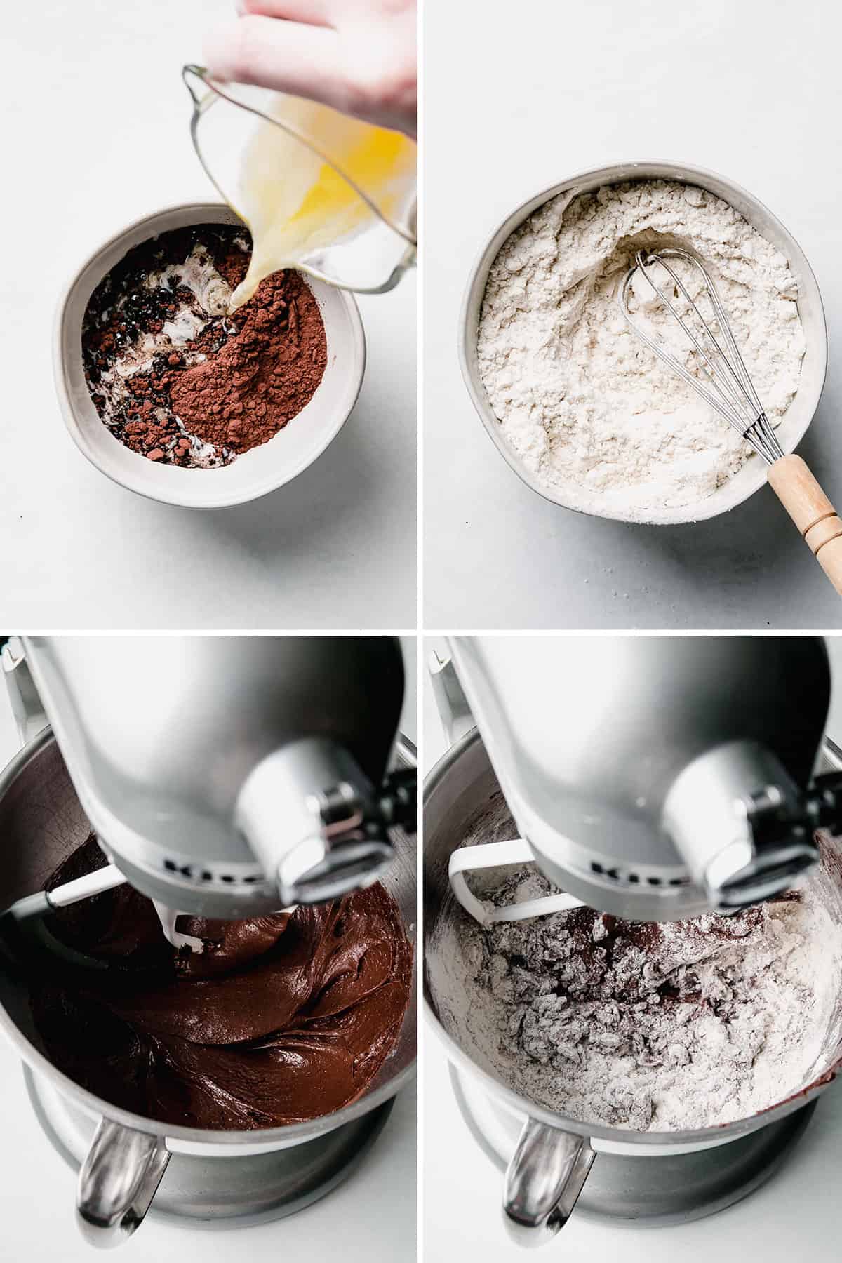 Image collage: melted butter poured over cocoa powder, a whisk in a bowl with flour, chocolate mixture in stand mixer bowl with paddle attachment, flour mixture being mixed into chocolate in stand mixer.