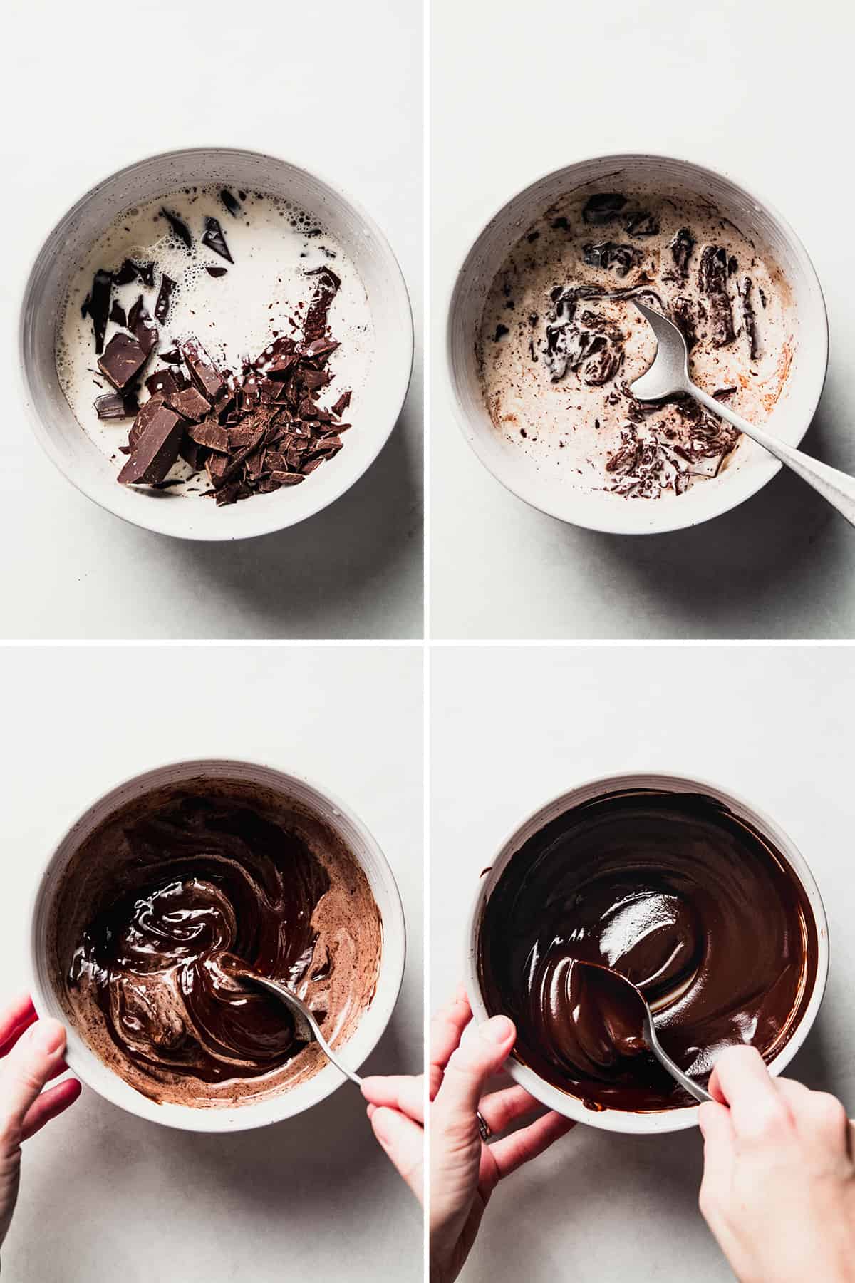 Image collage: heavy cream and chocolate pieces in bowl, spoon resting in partially melted chocolate, spoon stirring mixture that is more melted, spoon stirring fully combined ganache. 