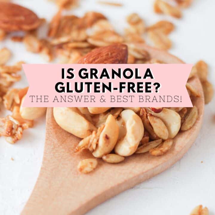 Granola in a wooden spoon and spilled on white table. Tex overlay: is granola gluten-free? The answer and list of safe brands.