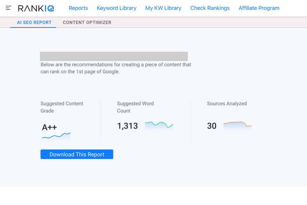 Screenshot RankIQ AI SEO Report page.