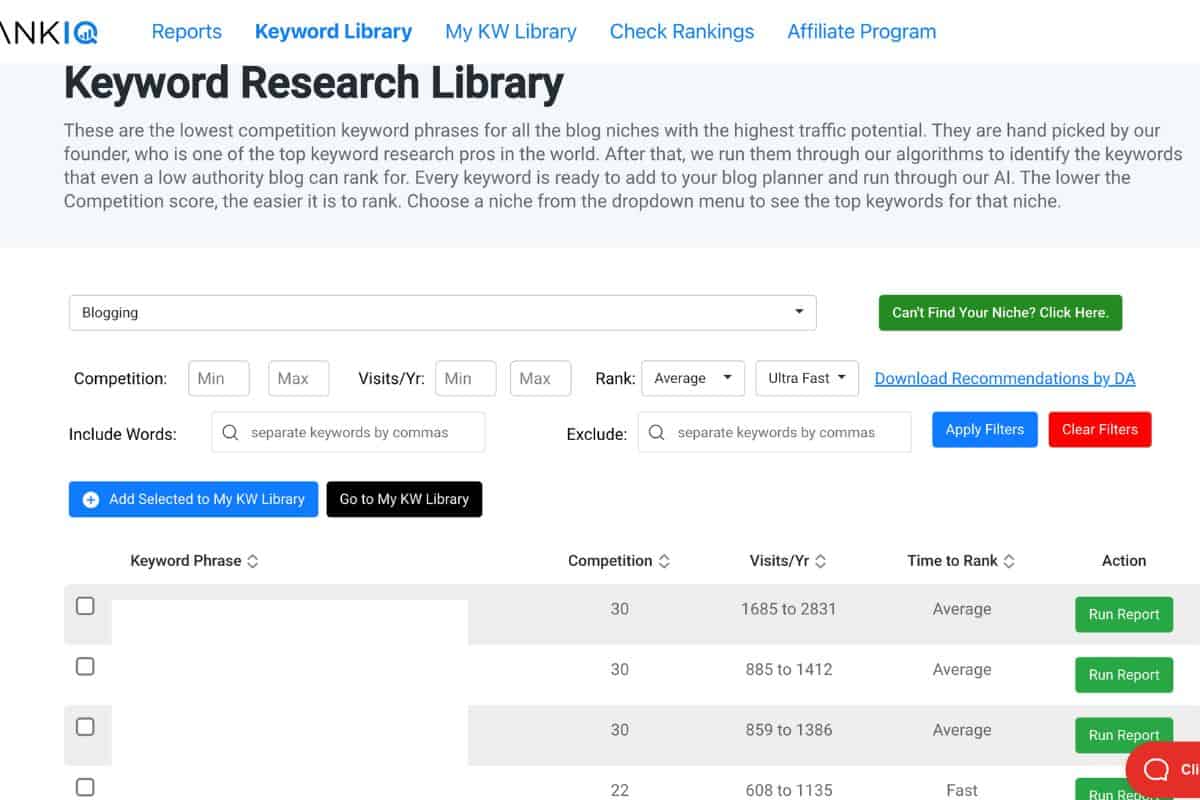 Screenshot of RankIQ keyword research library.