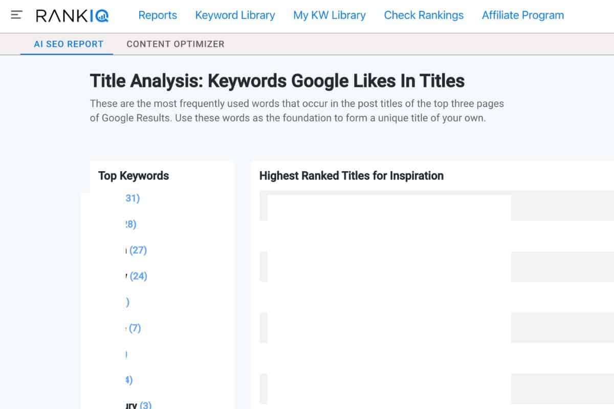 Screenshot of RankIQ Title Analysis page.