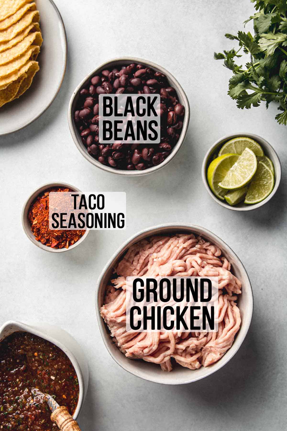 Ground chicken, black beans, and taco seasoning measured out in bowls.