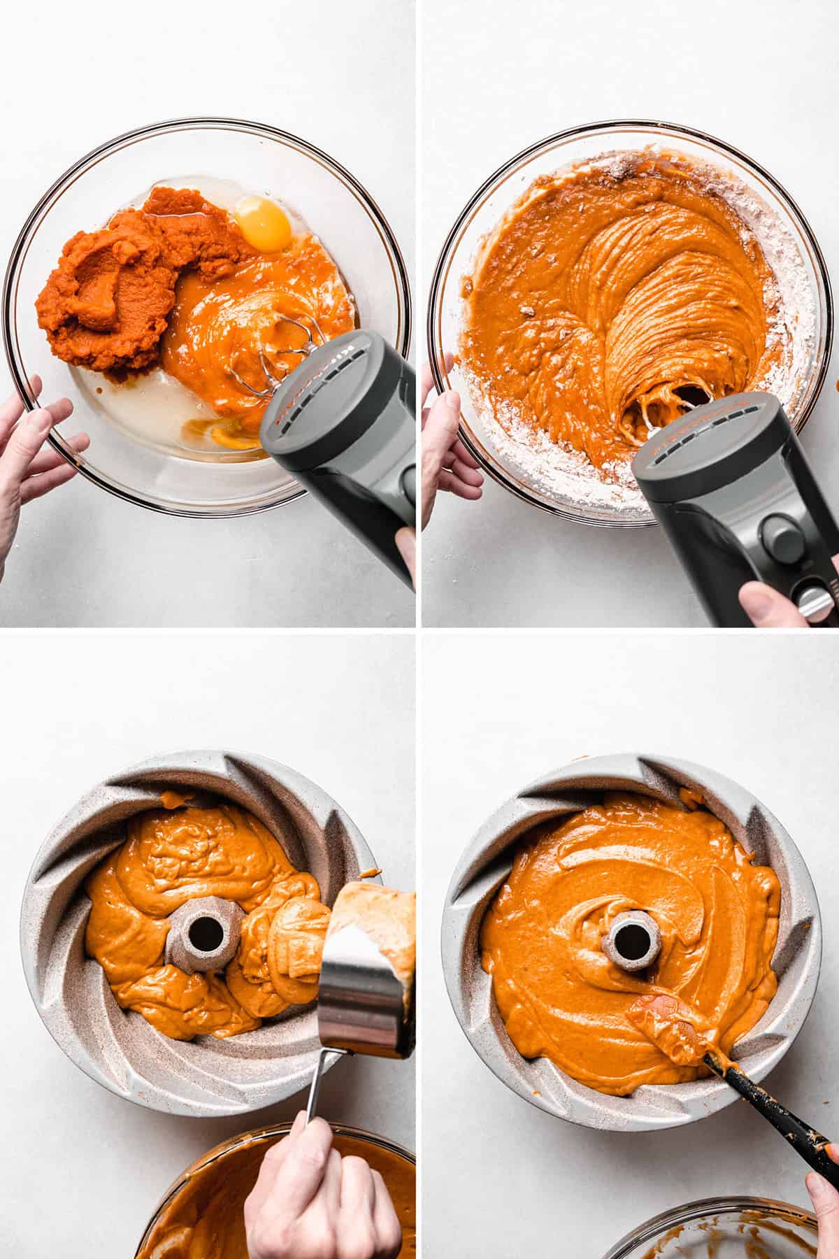 Bright orange cake batter is mixed in a large glass bowl, then poured into a bundt pan and spread evenly. 