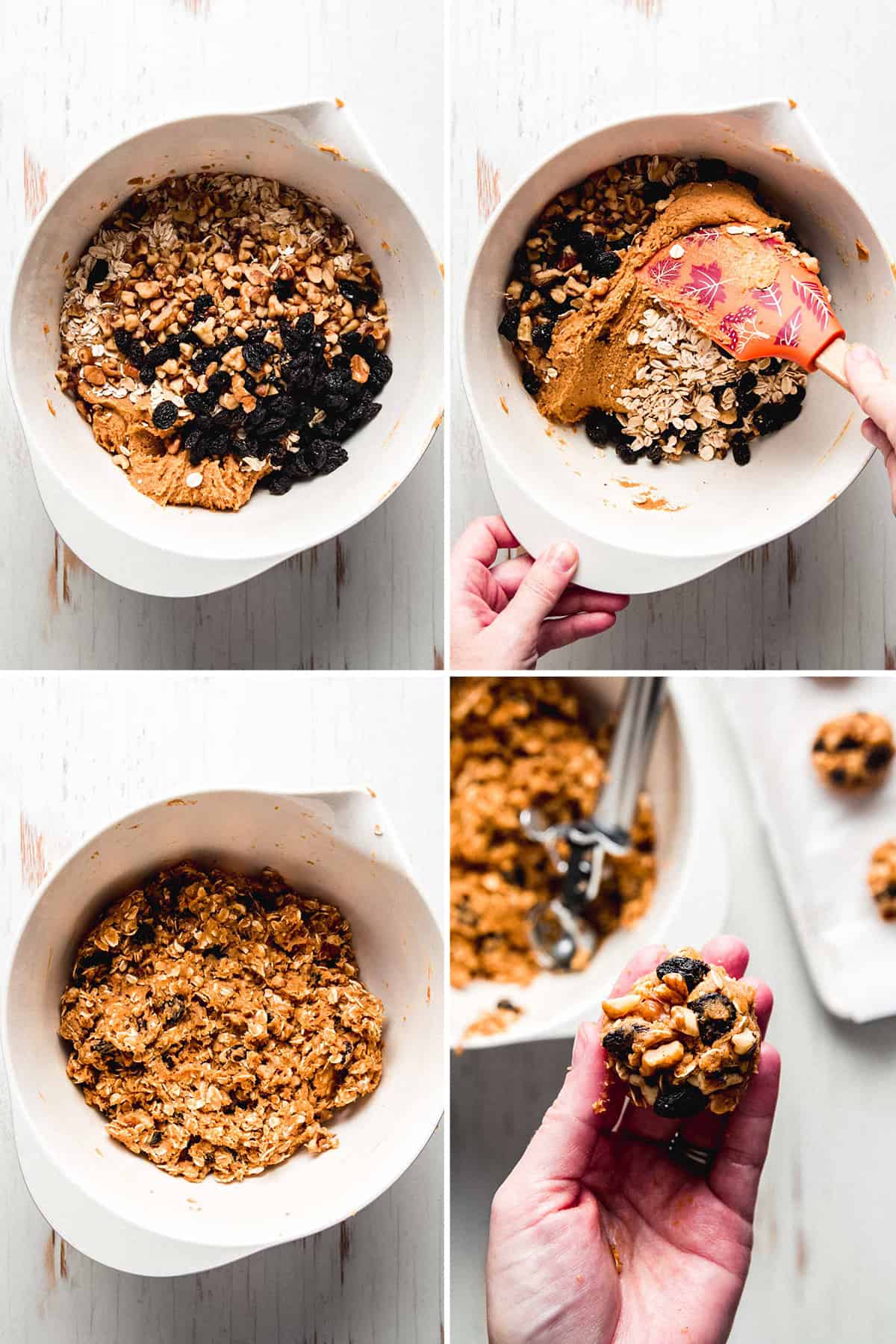 Raisins and walnuts on top of dough in bowl, dough stirred with spatula, mixed dough in bowl, hand holding a ball of cookie dough. 