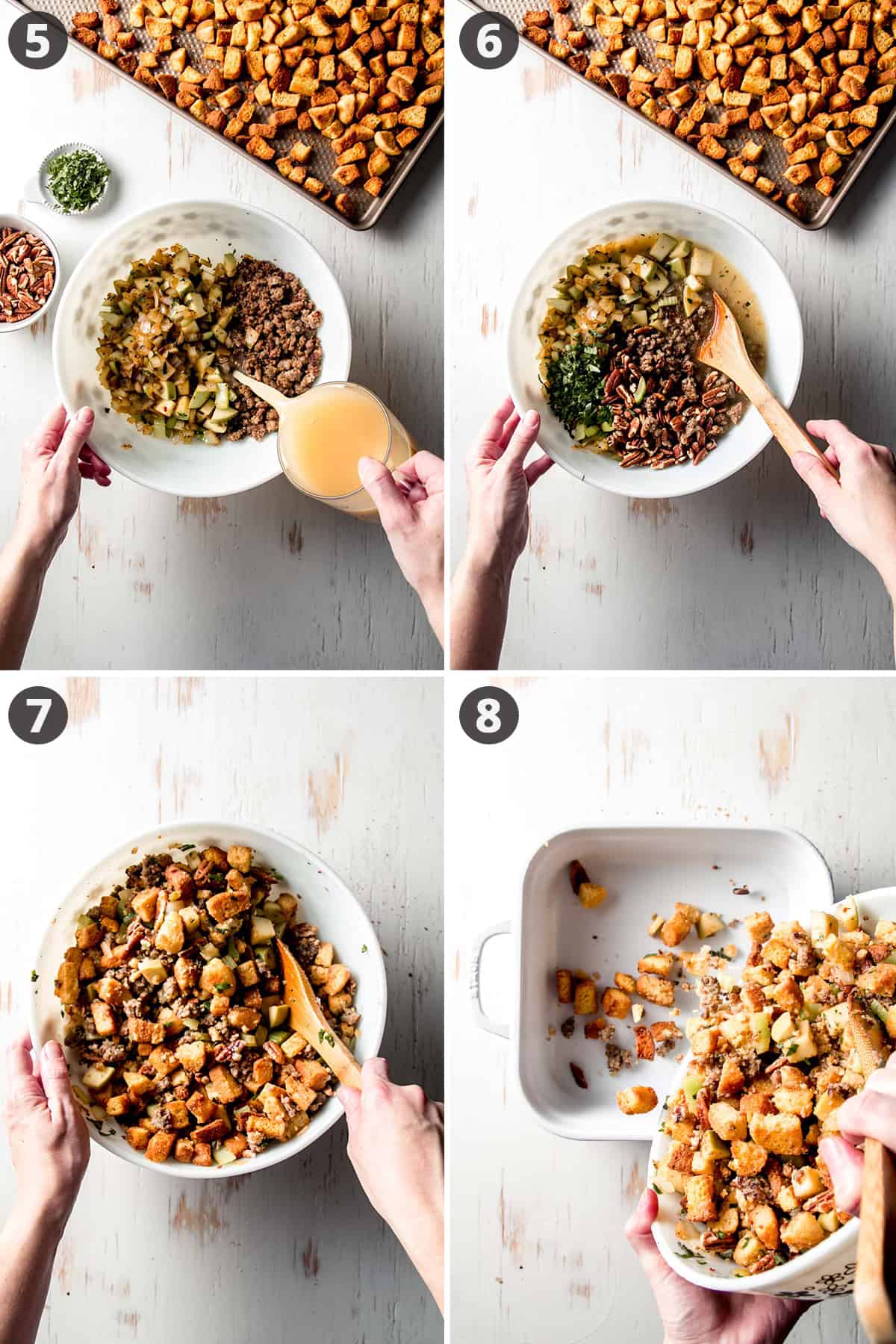 Pouring broth into the bowl with sausage and vegetable mixture, folding in cornbread, pouring mixture into prepared casserole dish.