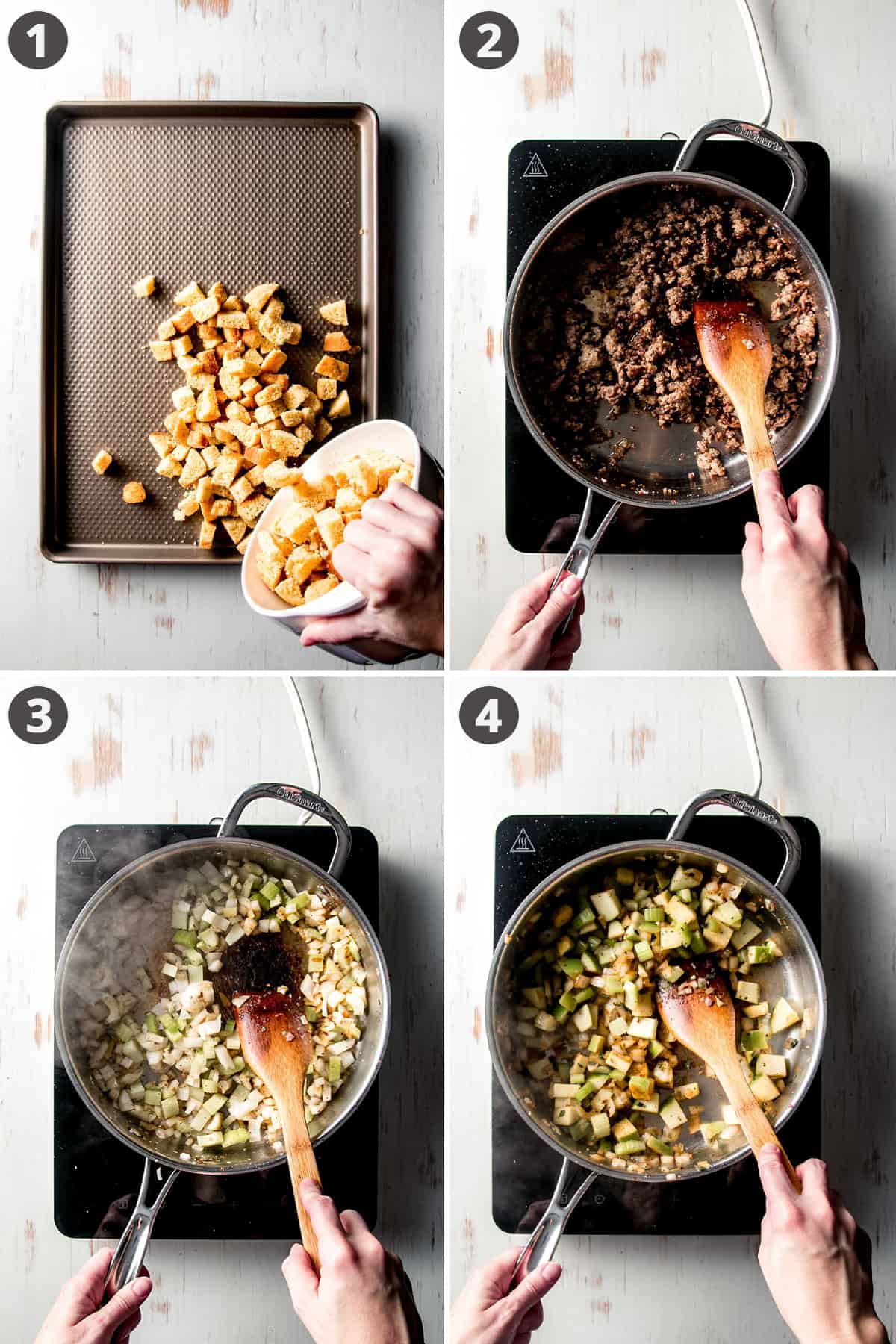 Cornbread cubes falling onto sheet pan, sauteeing sausage in pan with wooden spoon, stirring vegetables in pan, stirring the apples into the vegetables.