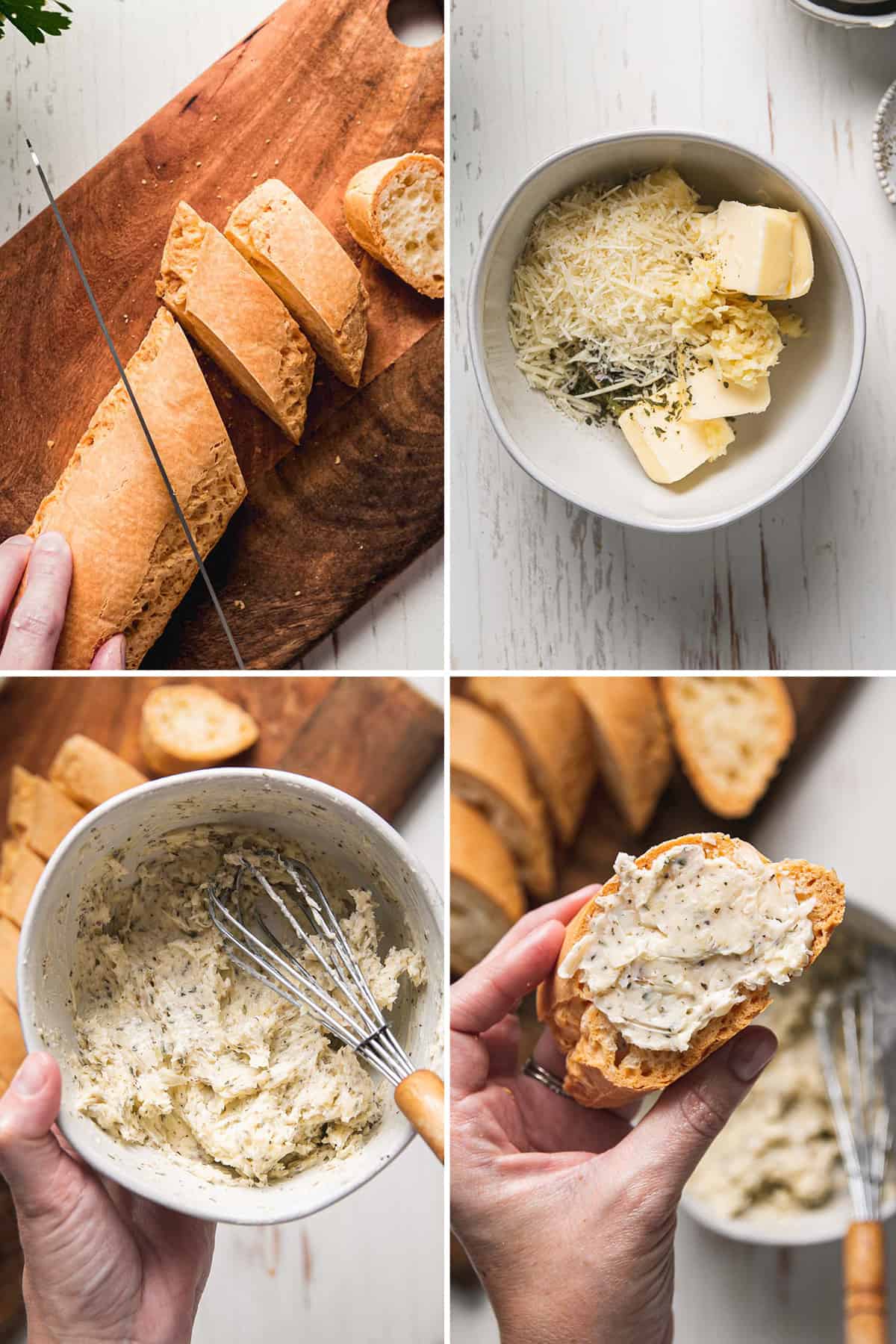 Slicing bread, butter, garlic, and parmesan cheese in a small bowl, butter mixture with whisk in a small bowl, butter spread on a slice of bread held by hand. 