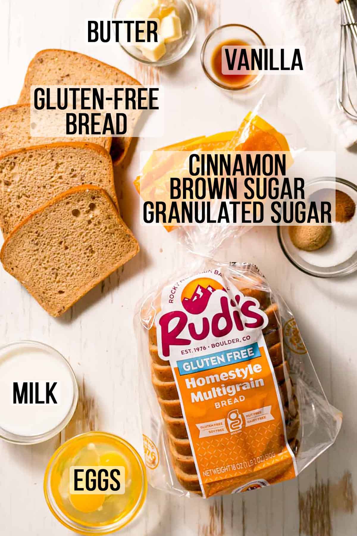 Gluten-free bread, milk, eggs, and sugar measured out in bowls.