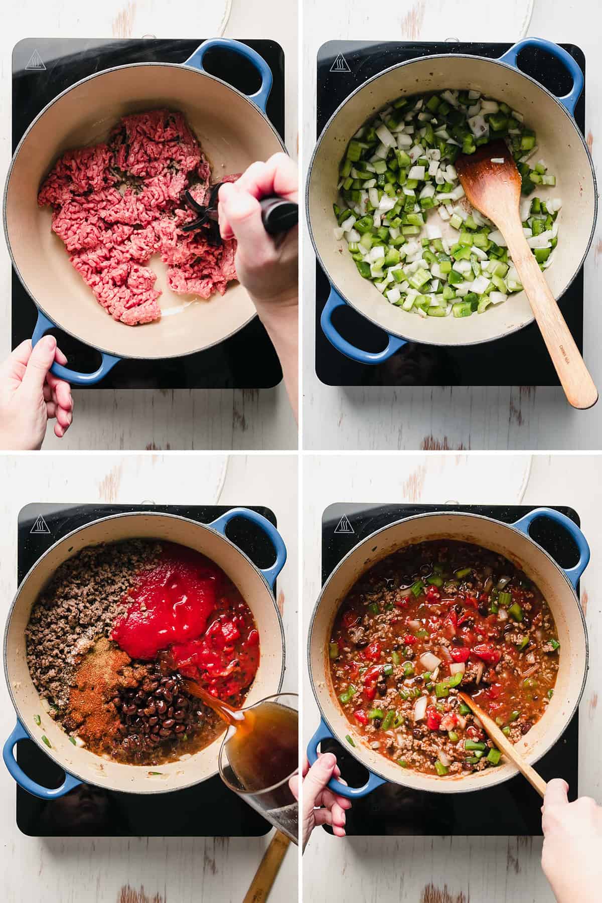 Image collage showing the steps to make chili, sautéing the meat and vegetables in a pan, adding tomatoes and beans, stirring the chili.